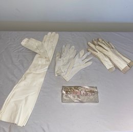 3 Sets Of Vintage White Gloves And 1 Garter In Packing