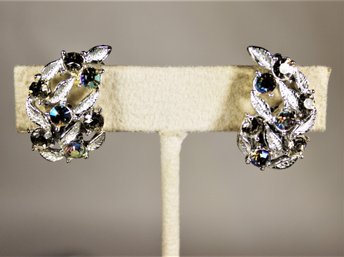 Pair Vintage White Rhinestone Earrings Ear Clips