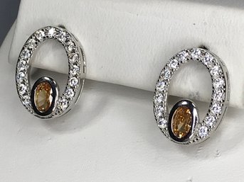Beautiful 925 / Sterling Silver Oval Earrings With White & Orange Topaz - Very Pretty - New - Never Worn