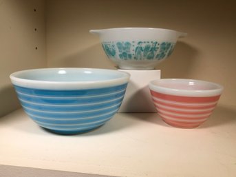 Lot Of Four (4) Vintage Pieces PYREX - Two Striped Bowls - One Batter Bowl - One Rectangular Brown Loaf Pan