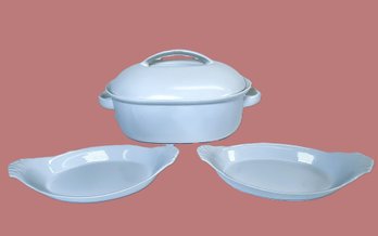 Thomas Flammfest Germany 13' Covered Two Handled Casserole And Two 10' Porcelain Casserole Dishes