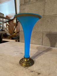 Mid Century Turquoise Bud Vase With Metal Base