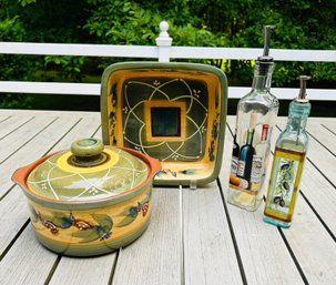 Mixed Entertaining Lot III - Oil & Vinegar Bottles With Casserole And Covered Dish