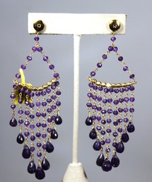 Large Pair Gold Over Sterling Silver Genuine Amethyst Gemstone Pierced Earrings