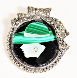 1980s Sterling Silver Art Deco Revival Pietra Dura Marcasite Woman's Cameo Malachite Inlay