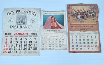 Three Vintage Advertising Calendars By Jensen's Motors Of North Haven, CT, Guy, Rice & Davis Insurance & More