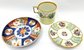 Antique Imari Japanese Small Plate, Antique Tea Cup & Saucer With Gold Accents