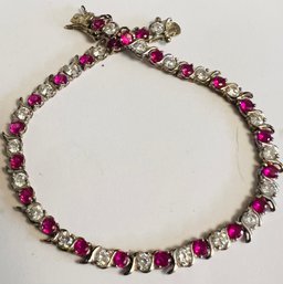 SIGNED ROSS SIMONS STERLING SILVER RUBY & WHITE STONE BRACELET