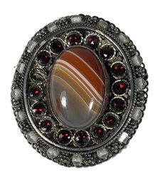 Antique Solid Silver Striped Agate Garnet Brooch Large