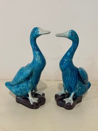 Pair Of Chinese Export Cerulean Blue Porcelain Figural Ducks