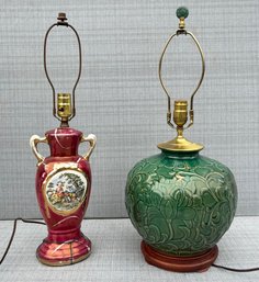 A Pair Of Vintage Lamps - Asian Celadon, And Hand Painted 1920's Vase