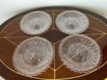 Set Of Four Peacock Design Glass Dessert Plates