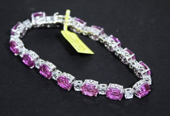 Fine Sterling Silver Contemporary Genuine Pink Tourmaline Bracelet 7 3/4' Long