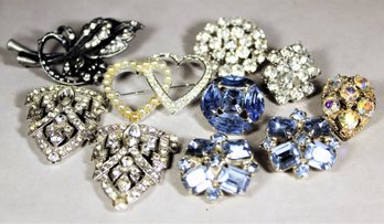 Lot 10 Vintage Rhinestone Brooches White And Blue Pair Dress Clips Included