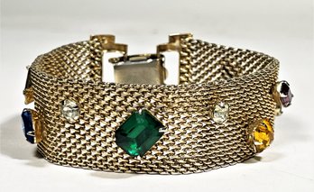 Vintage Gold Tone Mesh Bracelet Having Colored Rhinestones