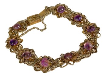 Antique Solid Silver Fancy Bracelet Floral Design W Amethyst (one Stone Replaced)