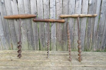 Lot Of 3 Antique / Primitive Hand Augers / Beam Drills With An Extra Bit