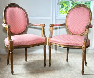 A Pair Of Vintage Carved Oak Louis XVI Style Balloon Back Fauteuils