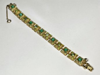 Vintage Green Rhinestone Gold Tone Link Bracelet 7' Long Art Co.