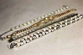 Lot Four Vintage Rhinestone Bracelets Having Faux Pearl, Aurora Borealis Etc.