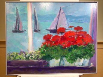 Beautiful Bold & Bright Original James Pascucci Painting - Sailboats & Flowers - Oil On Board - SKU: 8910-1013