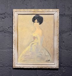 Vintage Portrait Of A Woman Oil On Canvas Board Signed Illegibly