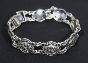 Fine Sterling Silver Marcasite Art Deco Style Link Bracelet 7' Long