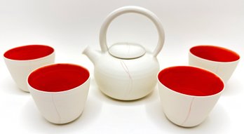 Never Used Japanese Ceramic Tea Set With Glazed Interiors: Teapot & 4 Cups, Signed