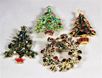 Lot Three Rhinestone Christmas Tree Brooches And Wreath