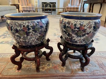 Matching Pair Of Oriental Decorative Planters  Bowls With Wooden Stands.