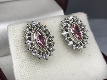 Lovely Brand New - 925 / Sterling Silver Oval Earrings With Sparkling White Zircons And Pink Tourmaline