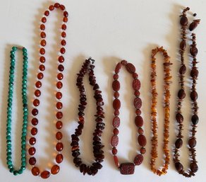6 Vintage Beaded Necklaces: Sterling Silver Square Pendant, Malachite, Amber, Carved Carnelian & More