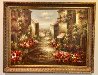 Huge Authentic Tuscan Villa Oil Painting On Canvas With Gilt Frame