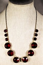 Vintage Gold Tone Large Red Glass Stone Necklace 1940s 1950s