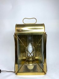 Brass Lantern With Glass Wind Shades - Modern Electric Bulb Behind Hurricane Shade