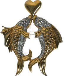 Large Vintage D'Orlan Gold Tone Fish And Heart Brooch W White Stones