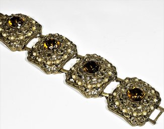 Large Antique Gold Tone Amber Colored Rhinestone Link Bracelet