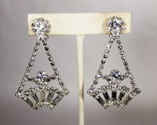 Pair Large Vintage White Rhinestone Earrings Ear Clips Ear Pendants