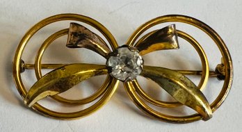 VINTAGE SIGNED 12K GOLD FILLED GLASS STONE BOW BROOCH