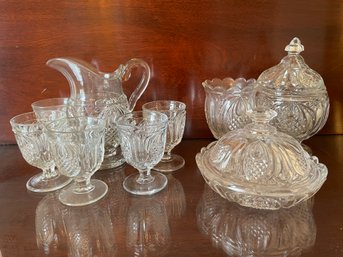 Antique Clear Leaded Glass, Glassware Set In The Pineapple Pattern  . 9 Pieces.