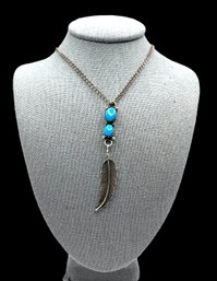 Vintage Native American Sterling Silver Turquoise Color Feather Pendant Chain Necklace
