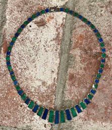 Beautiful Sterling Malachite And Lapis Graduated Necklace