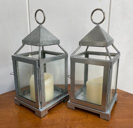 Pair Of Heavy Aluminum & Glass Lanterns