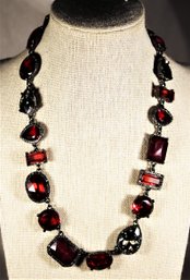 Contemporary Designer Signed Ruby Colored Glass Stone Black Tone Necklace