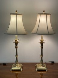 Pair Of Brass Hollywood Regency Palm Tree Candlestick Table Lamps