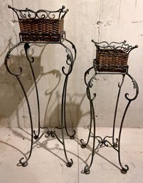 A Pair Of Wicker And Metal Plant Stands