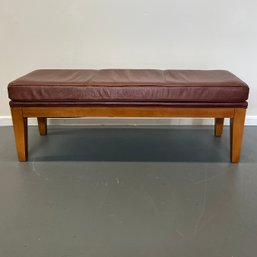 Brown Long Leather Bench  W/ Mahogany Frame