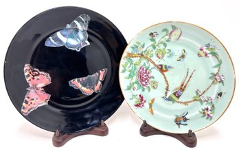 Antique Hand Painted Asian Plate With Birds & Glass Butterfly Plate