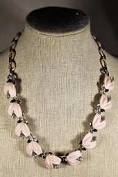 Vintage Signed LISNER Pink Plastic Rhinestone Floral Necklace