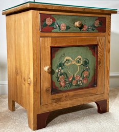 A Vintage Tole Painted Pine Nightstand With Custom Glass Top